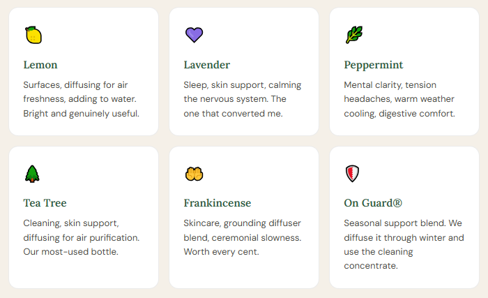 Essential oils - Lemon, lavender, peppermint, tea tree, frankincense, on gaurd