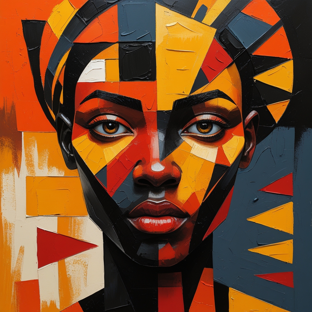 A modern abstract African portrait with geometric patterns, bold colors ...
