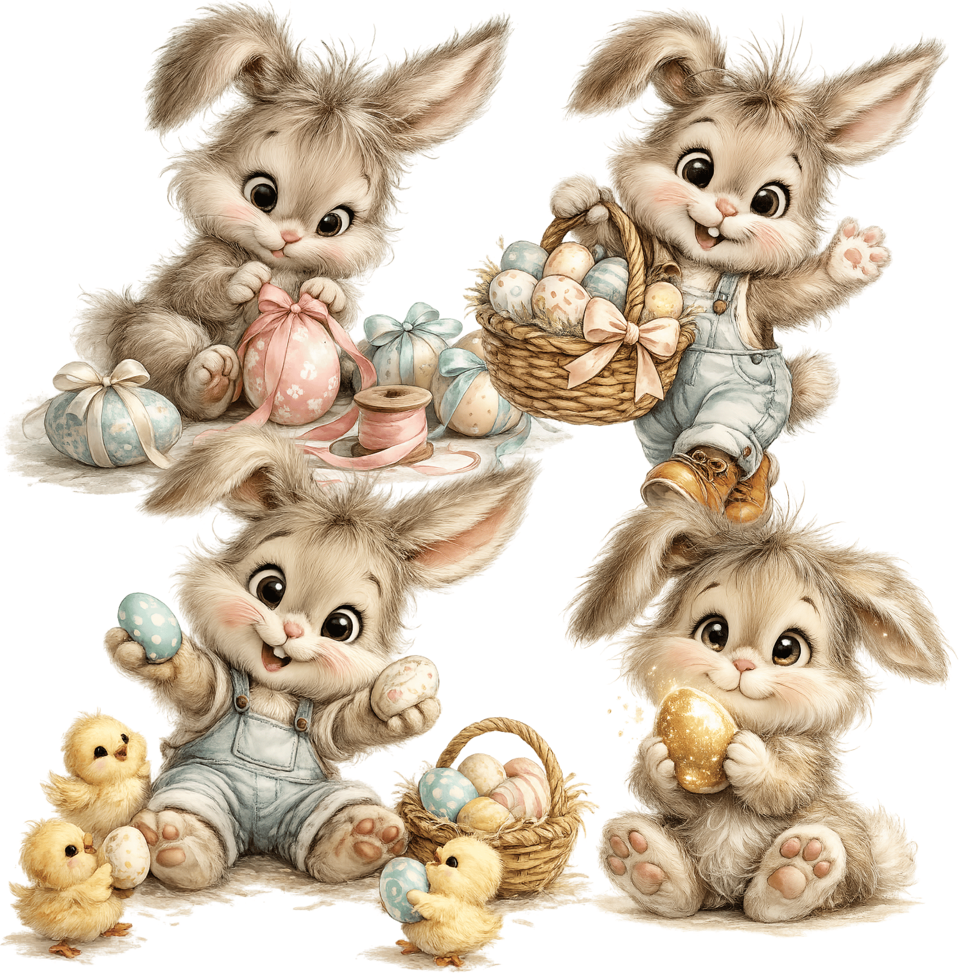 Spring Bunny Clipart PNG Bundle, Easter Egg Scenes Rabbit Art, Pastel ...