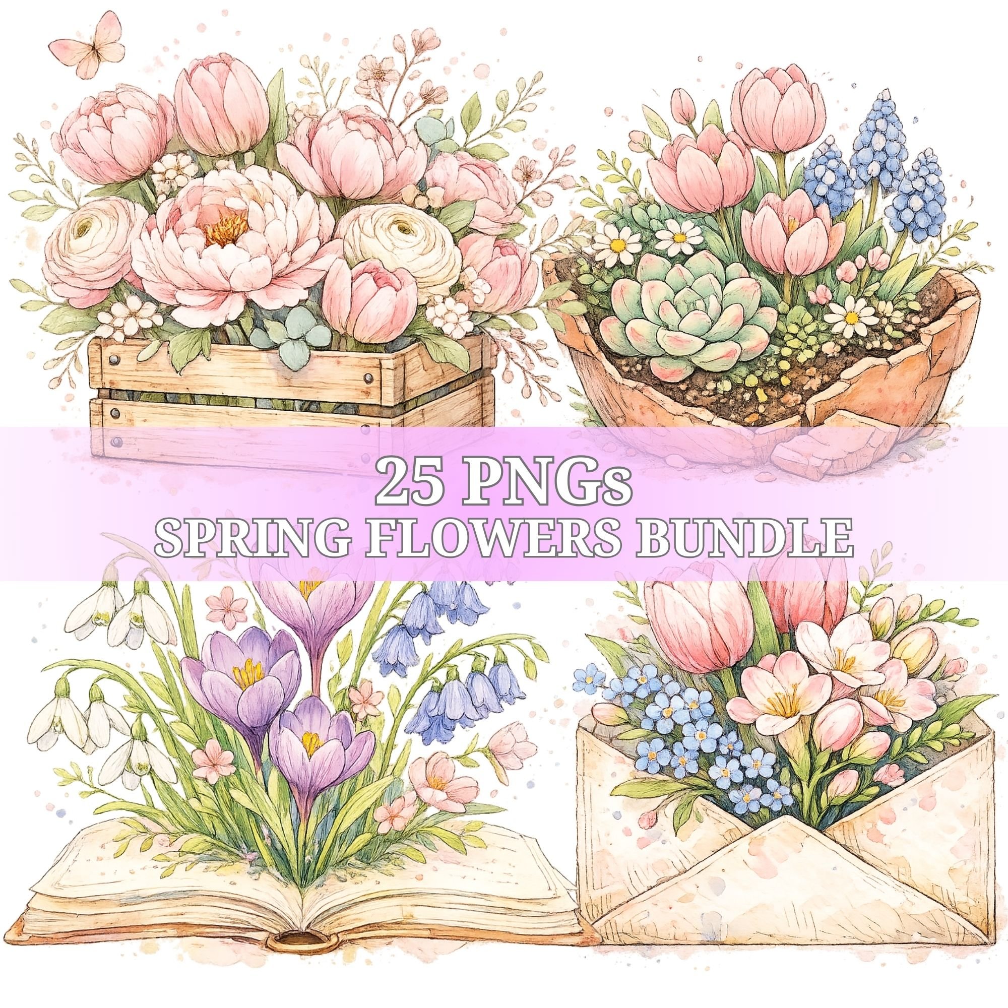 Spring flowers clipart bundle, floral elements set, png transparent ...