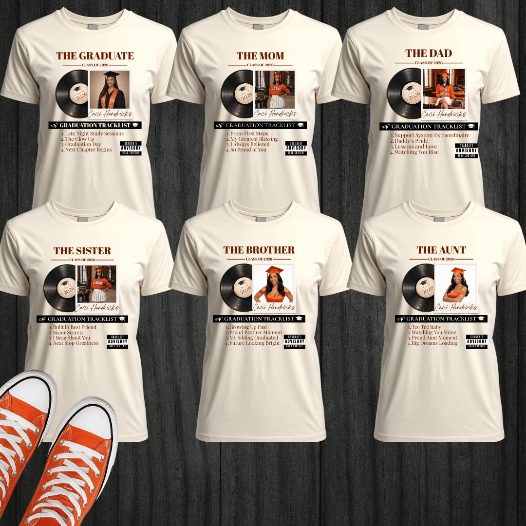 Matching family graduation shirts personalized with photo, name, and school colors. Custom group grad shirts for Class of 2026 perfect for family celebrations.
