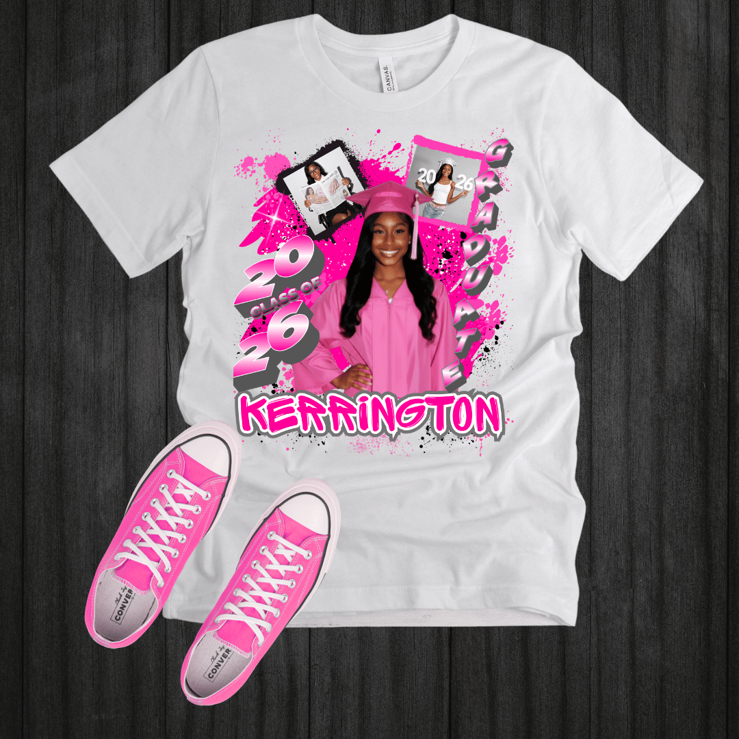 Custom graduation shirt with pink graduation theme and personalized name, class of 2026