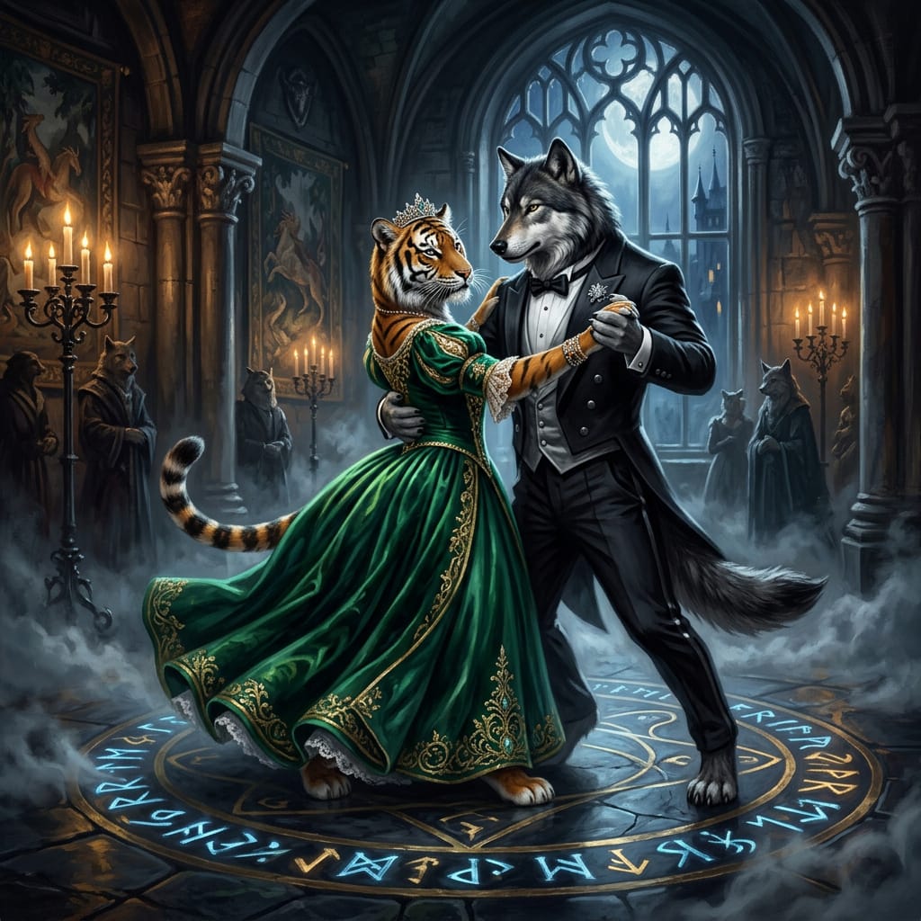 A tiger dancing with a direwolf