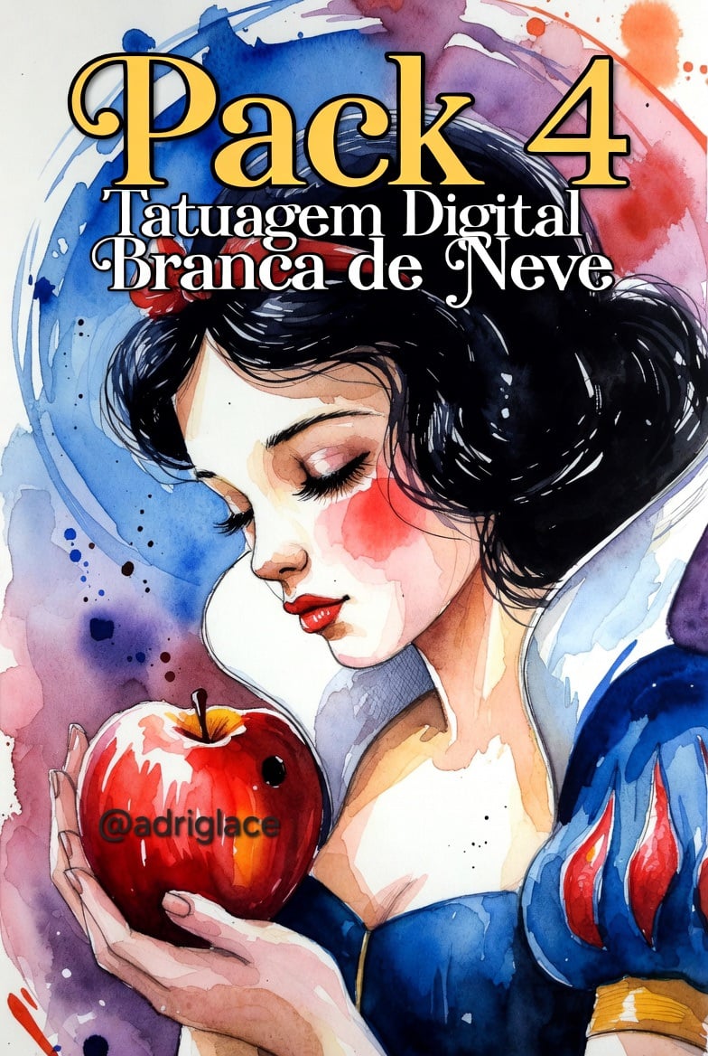 Pack 4 | Tatuagem Digital Branca de Neve – Estilo Aquarela Vibrante Premium  Pack 4 – Tatuagem Digital Branca de Neve Estilo Aquarela Vibrante, Cheia de Cor e Brilho ✨ Transforme sua pele (ou a de seus clientes) em uma obra de arte mágica! Esta ilustração