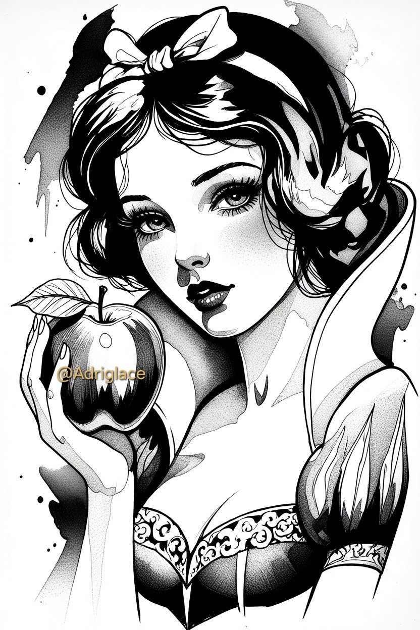 Pack 4 | Tatuagem Digital Branca de Neve – Estilo Aquarela Vibrante Premium  Pack 4 – Tatuagem Digital Branca de Neve Estilo Aquarela Vibrante, Cheia de Cor e Brilho ✨ Transforme sua pele (ou a de seus clientes) em uma obra de arte mágica! Esta ilustração