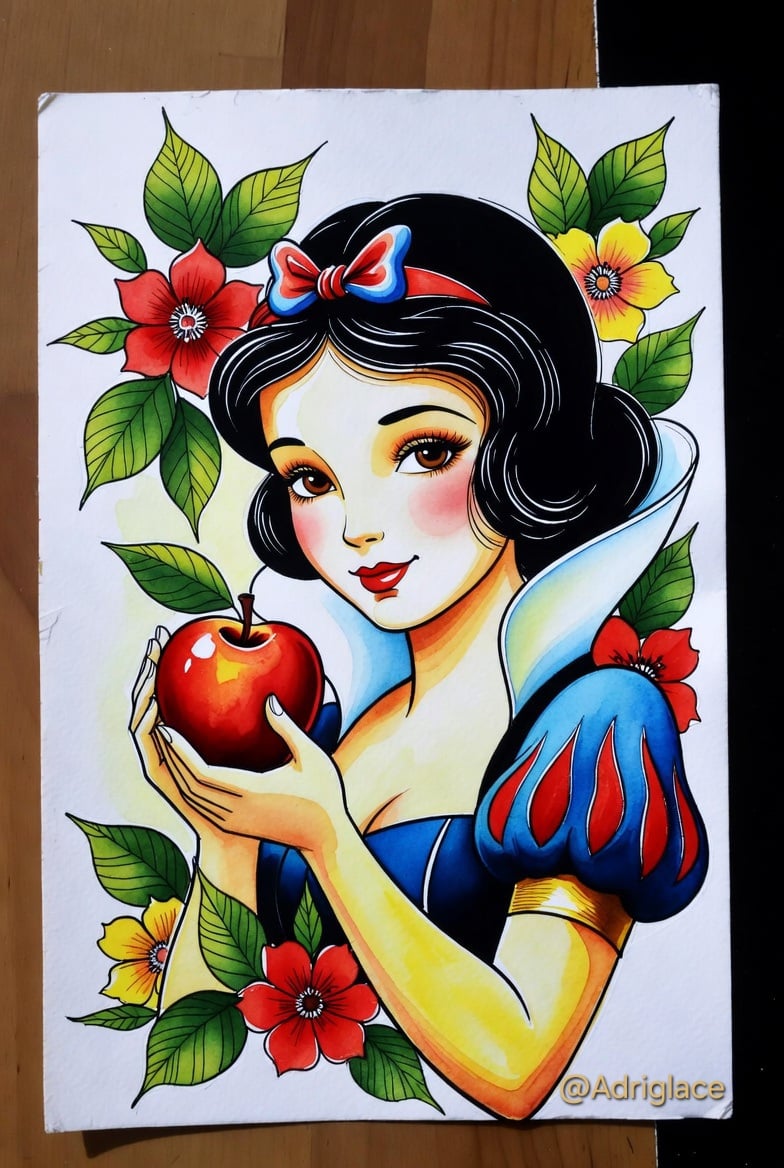 Pack 4 | Tatuagem Digital Branca de Neve – Estilo Aquarela Vibrante Premium  Pack 4 – Tatuagem Digital Branca de Neve Estilo Aquarela Vibrante, Cheia de Cor e Brilho ✨ Transforme sua pele (ou a de seus clientes) em uma obra de arte mágica! Esta ilustração