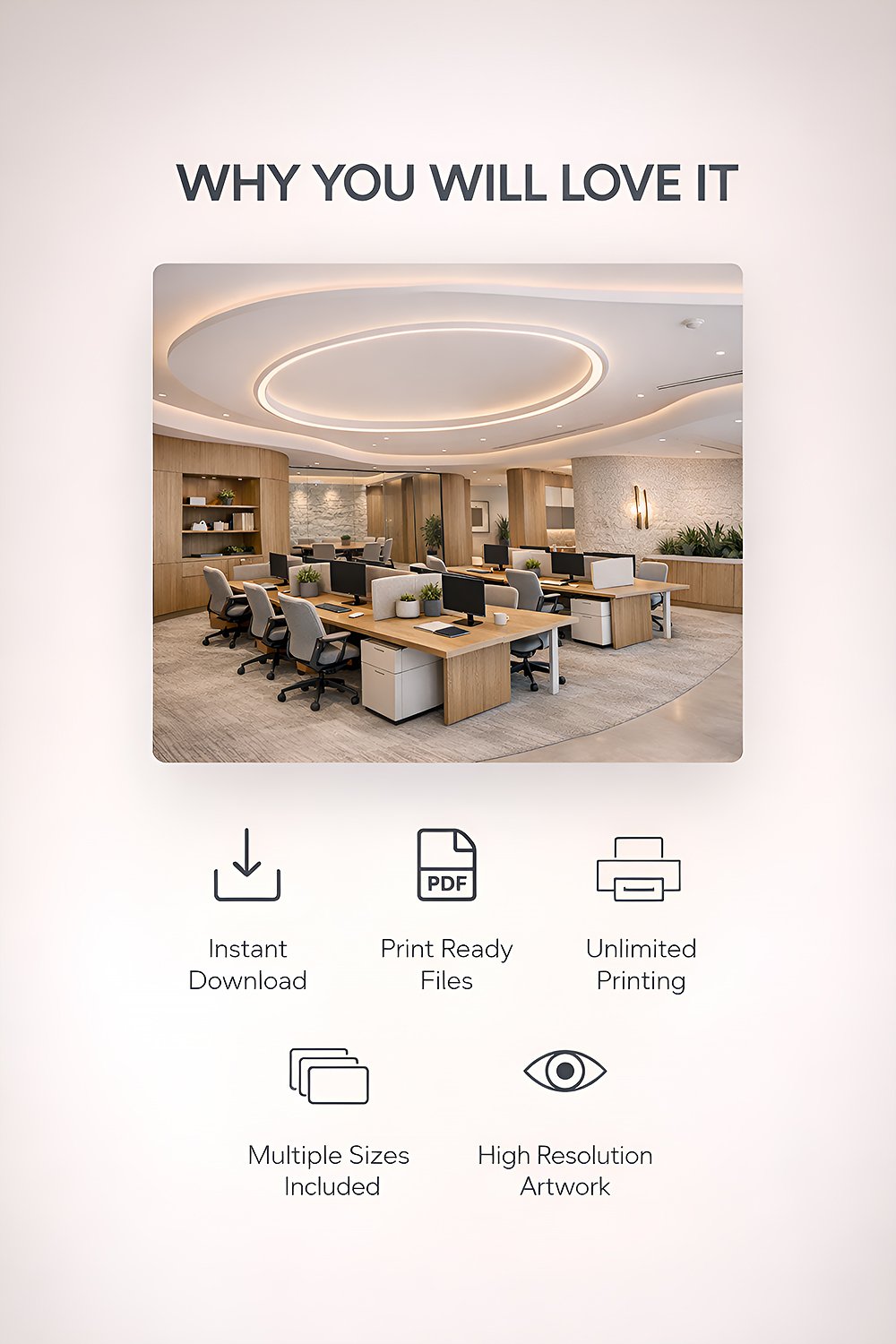 Modern minimalist office interior with wooden desks, neutral colors and contemporary lighting.