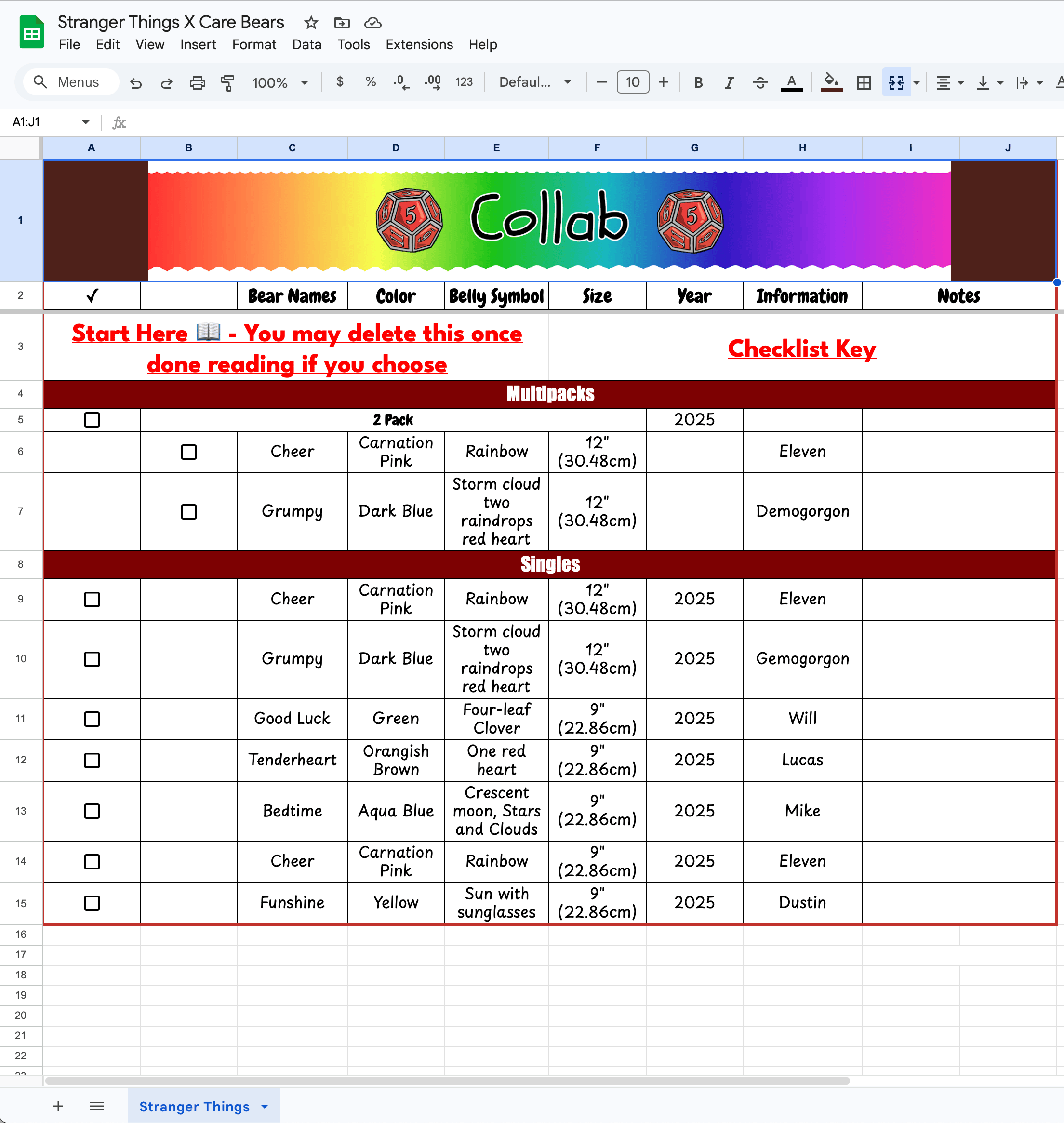 Stranger Things Checklist Stranger Things X Care Bears Collab Checklist - Google Sheets - Payhip