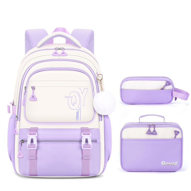 Cute pink kids school backpack with pom-pom charm and multiple compartments