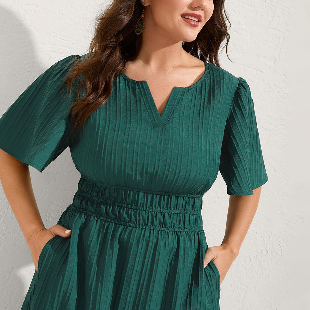High waist flattering plus size dress with soft pleated texture