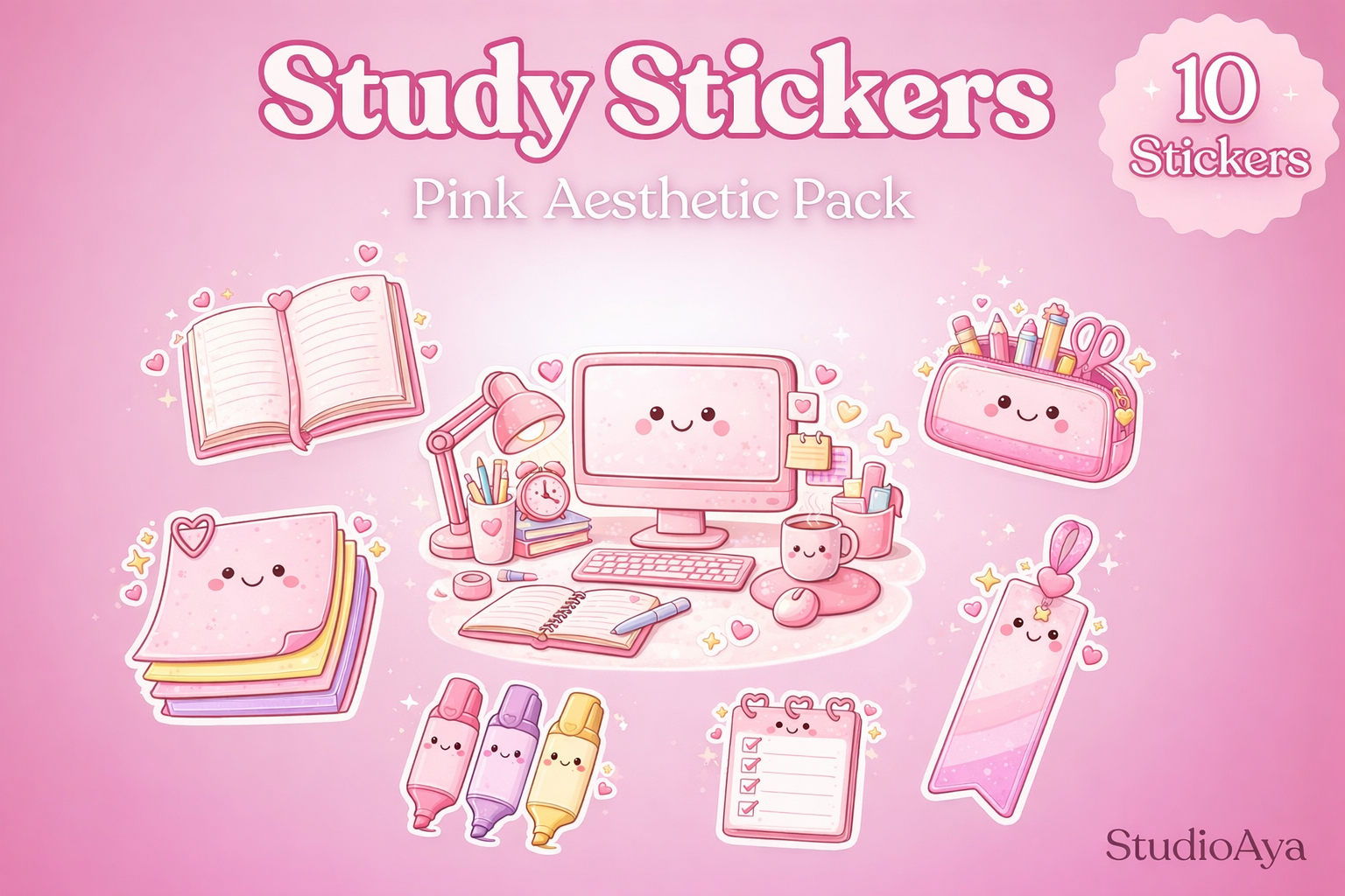 Pink Study Essentials Sticker Pack | Cute Aesthetic Planner Stickers ...