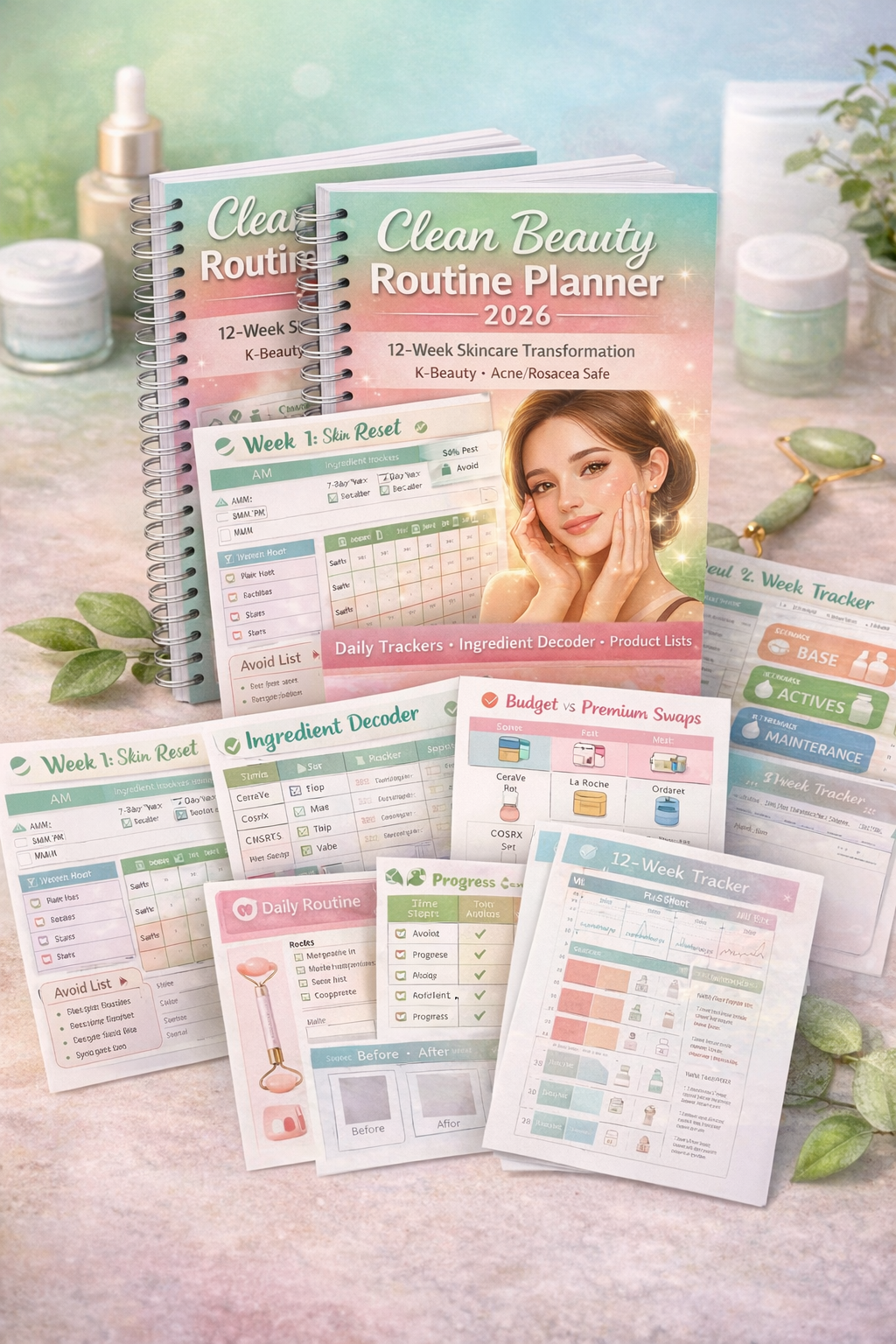 clean beauty planner, skincare routine planner, K-beauty planner, acne routine tracker, rosacea skincare planner, glass skin routine, skincare journal printable, skincare progress tracker, ingredient checker skincare, Korean skincare routine, sensitive sk