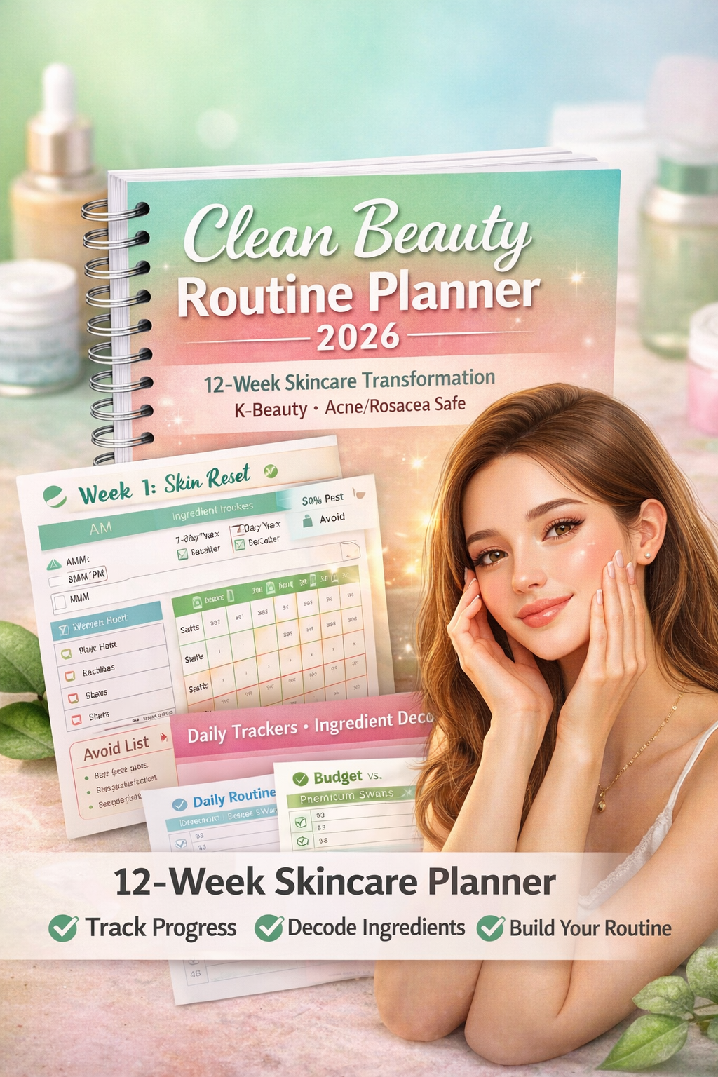 clean beauty planner, skincare routine planner, K-beauty planner, acne routine tracker, rosacea skincare planner, glass skin routine, skincare journal printable, skincare progress tracker, ingredient checker skincare, Korean skincare routine, sensitive sk