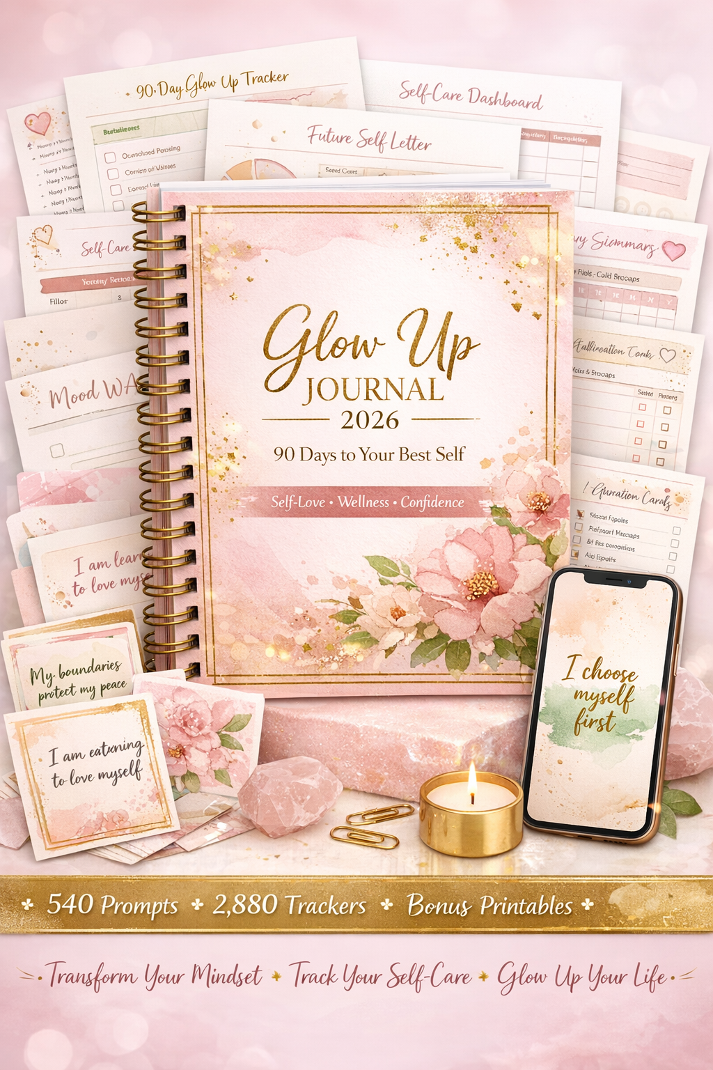 glow up journal, self care journal printable, self love journal for women, wellness journal for women, printable self care planner, guided journal prompts for women, confidence journal, feminine reset journal, busy mom morning routine, daily self care tra