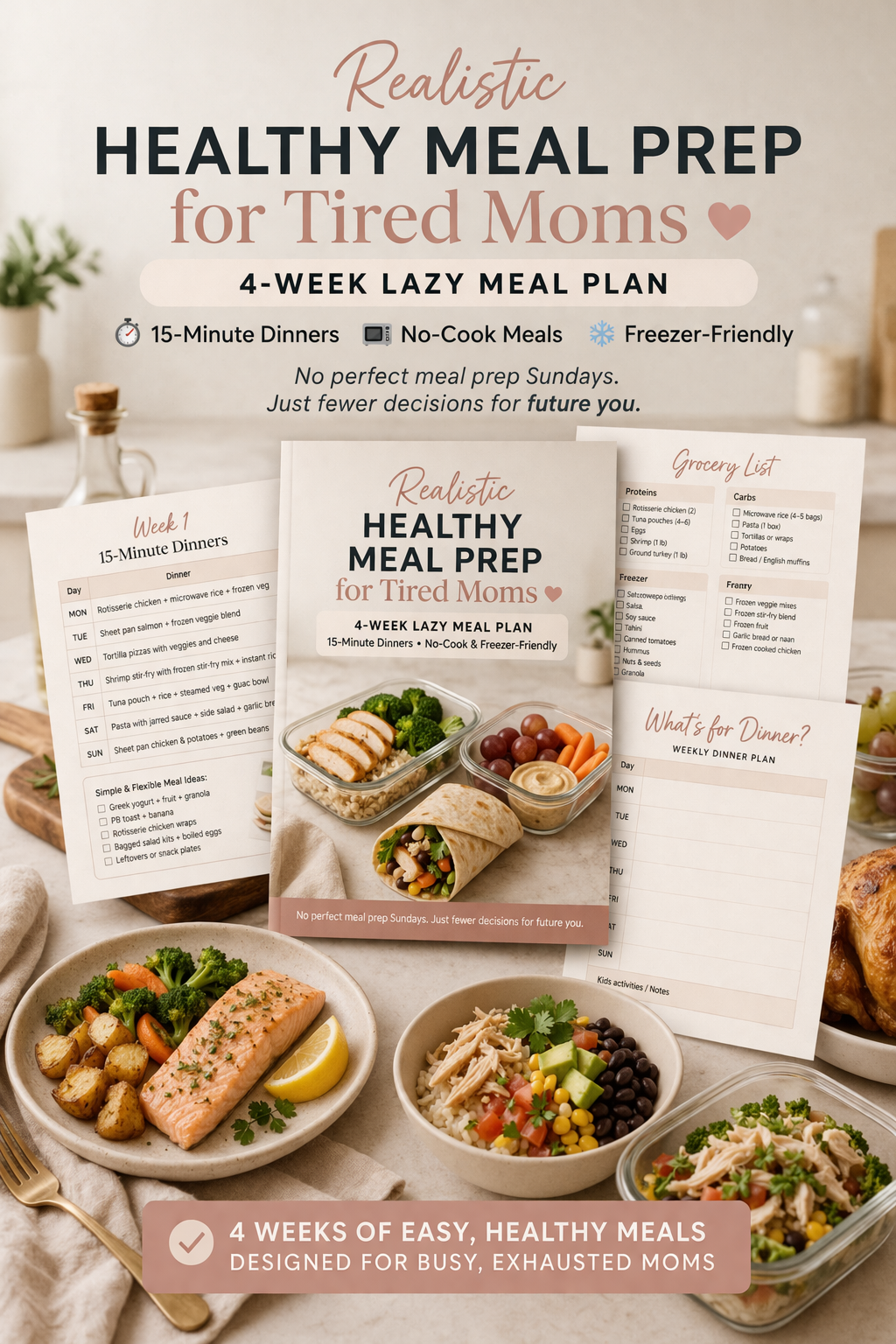 easy healthy dinners for busy moms, lazy meal prep for moms, 15 minute dinner ideas, no cook meal ideas, freezer meal prep, healthy family dinner ideas, simple meal plan for moms, quick weeknight dinners, realistic meal prep, easy freezer meals for busy m