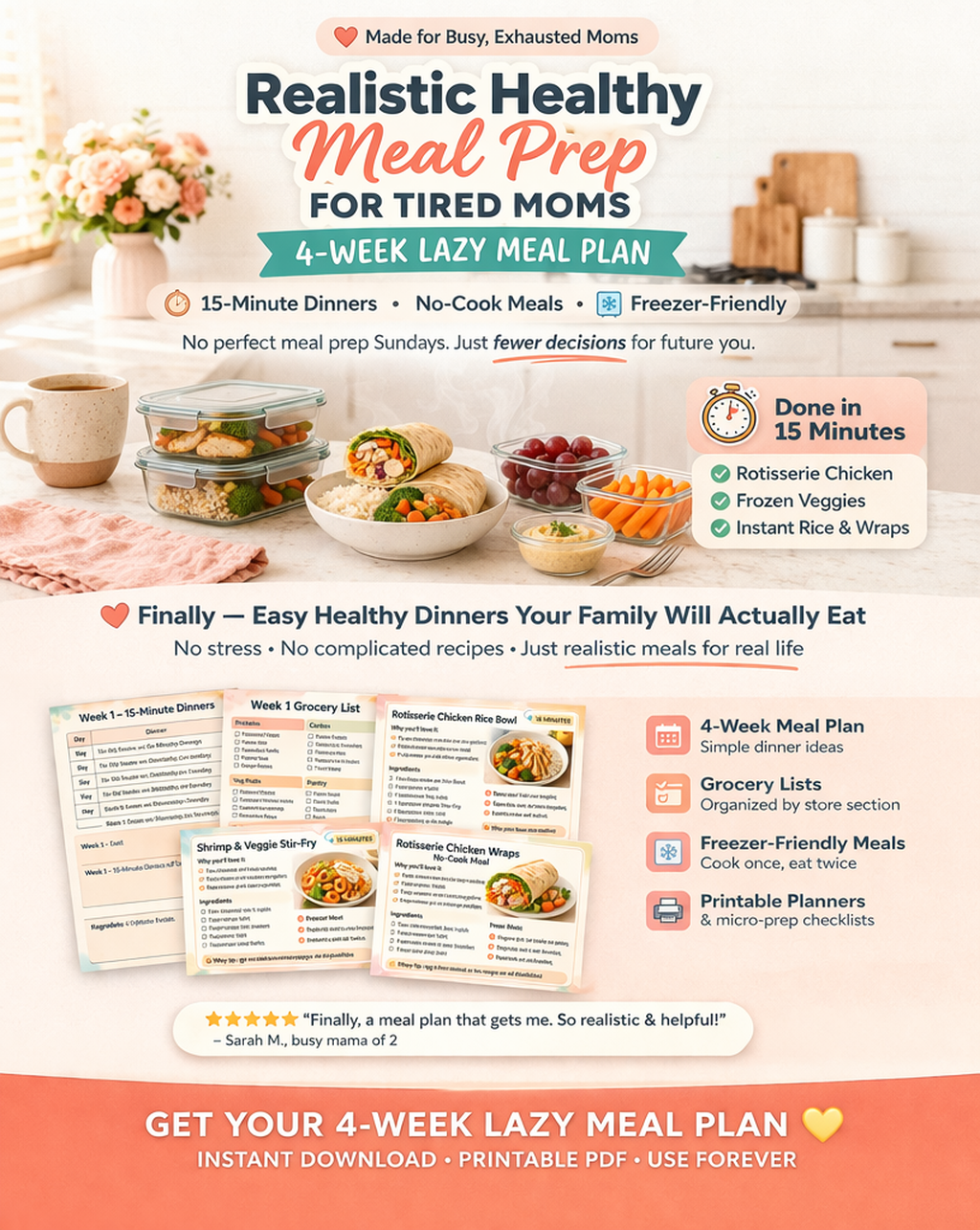 easy healthy dinners for busy moms, lazy meal prep for moms, 15 minute dinner ideas, no cook meal ideas, freezer meal prep, healthy family dinner ideas, simple meal plan for moms, quick weeknight dinners, realistic meal prep, easy freezer meals for busy m