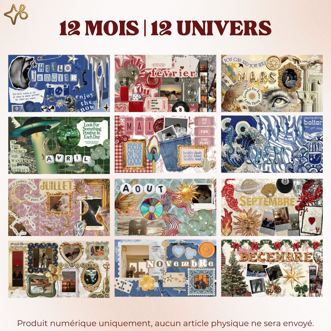Collage de 12 pages thématiques pour chaque mois de lannée (janvier à décembre) présentées sous le titre 12 MOIS | 12 UNIVERS.