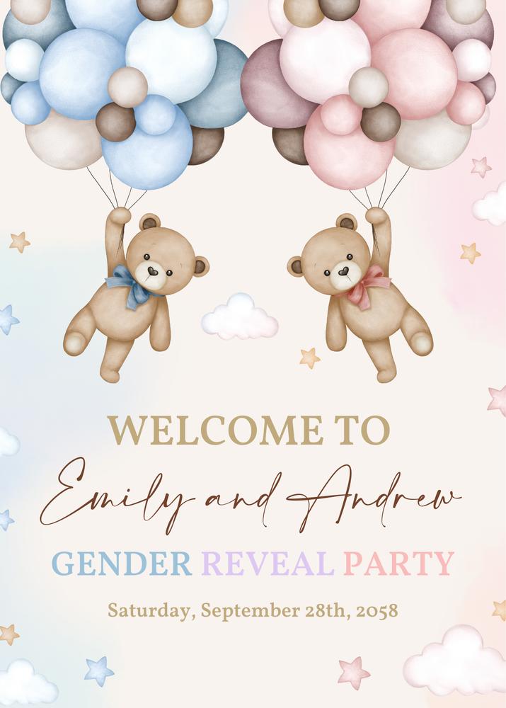 Teddy Bear Gender Reveal Welcome Sign | Editable Canva Baby Shower Poster