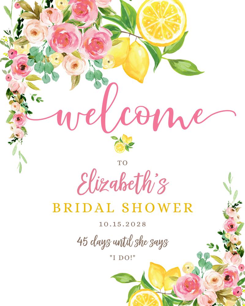 Editable Pink Floral Lemon Bridal Shower & Baby Shower Welcome Sign Canva