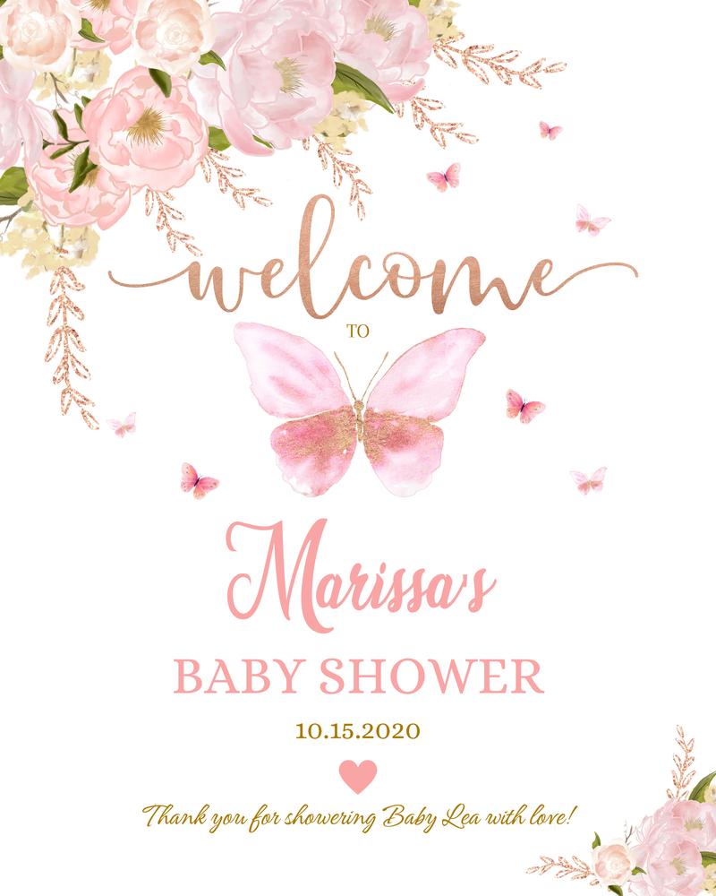 Pink Rose Gold Butterfly Welcome Yard Sign | Editable Canva Template