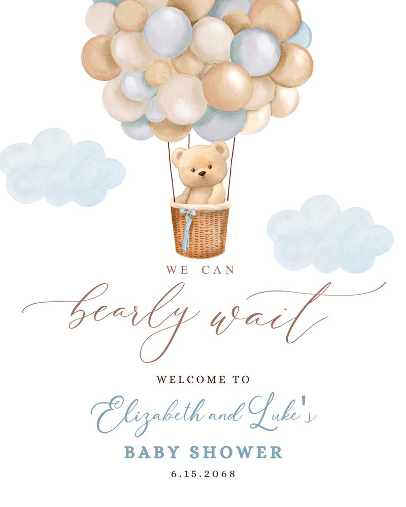 Blue Hot Air Balloon Bear Baby Shower Welcome Sign Canva Template