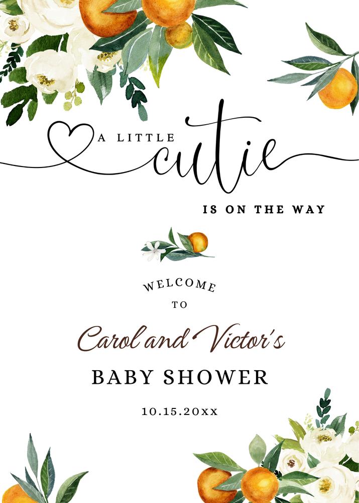 Orange Little Cutie Baby Shower Welcome Sign | Editable Canva Template