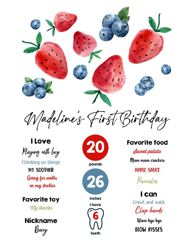 Berry First Birthday Milestones Sign | Editable Farmers Market Canva Template