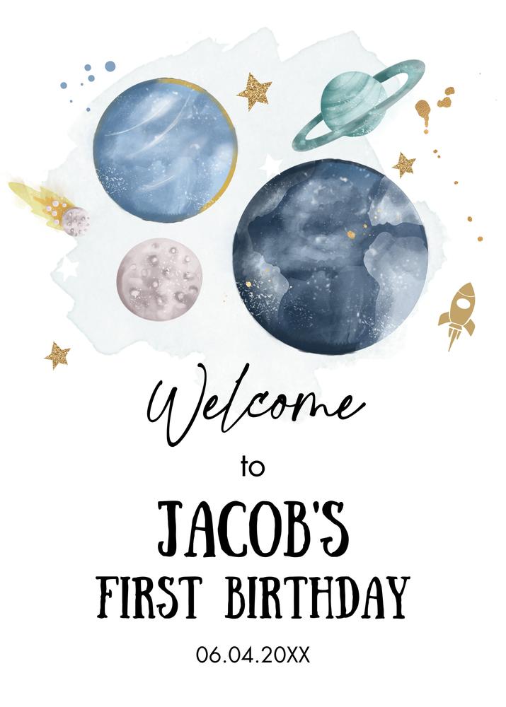 Galaxy 1st Birthday Welcome Sign | Space Trip Around the Sun Canva Template