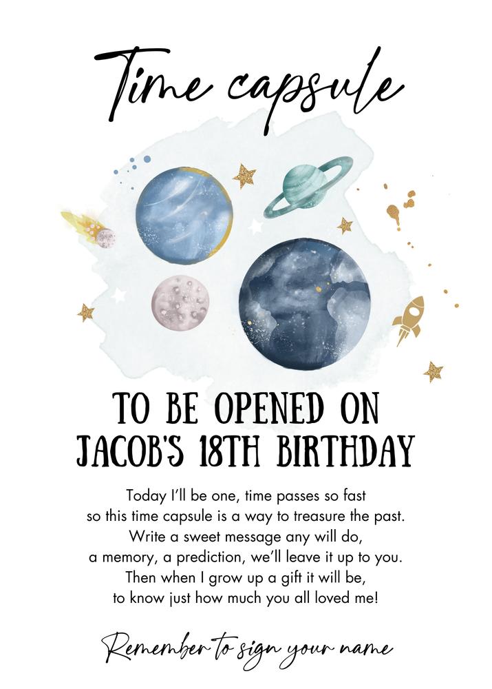 Space Time Capsule First Birthday Invitation Template | Astronaut Canva Edit