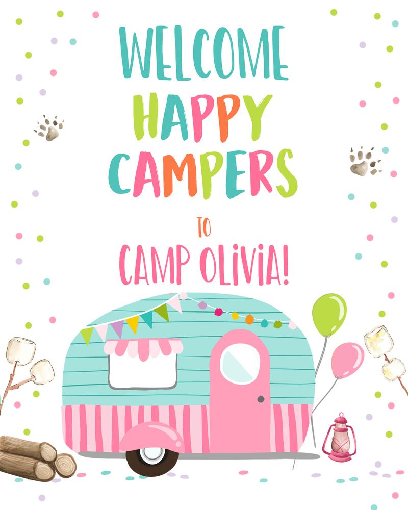Editable Happy Camper Welcome Sign | Pink Girl Camping Birthday Template