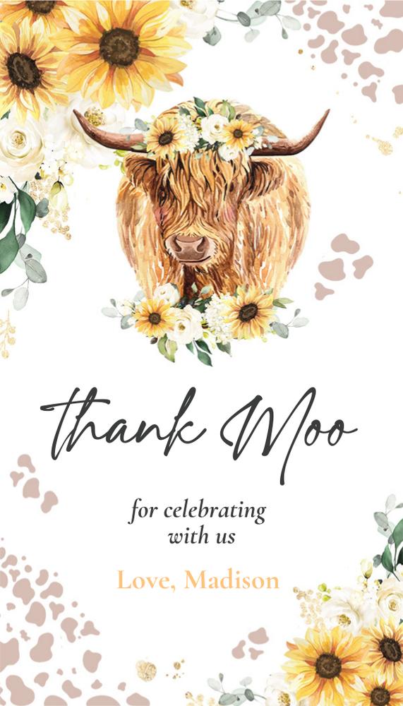 Sunflower Cow Birthday Invite & Favor Tags | Editable Canva Template