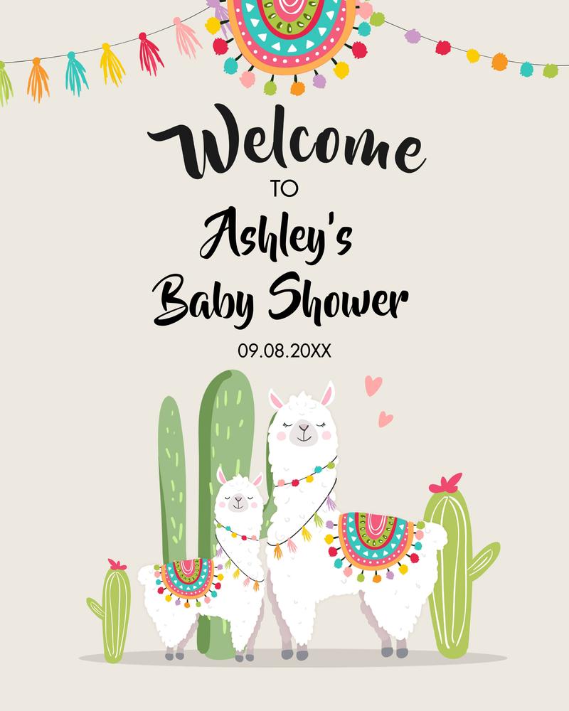 Editable Llama Baby Shower Welcome Sign | Cactus Fiesta Theme Canva Template