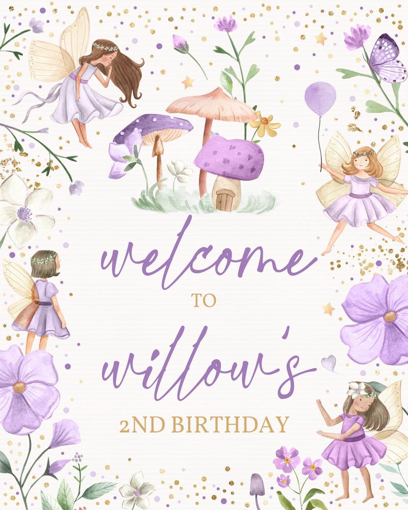 Fairy Birthday Party Welcome Sign | Editable Whimsical Violet Floral Poster