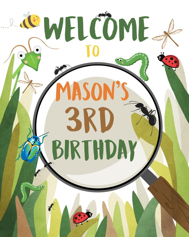 Editable Bug Birthday Party Welcome Sign | Boys Bug Hunt Canva Template