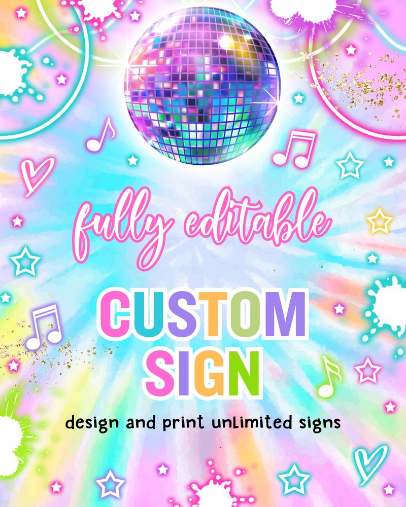 Tie Dye Glow Dance Party Table Sign | Editable Disco Neon Canva Template