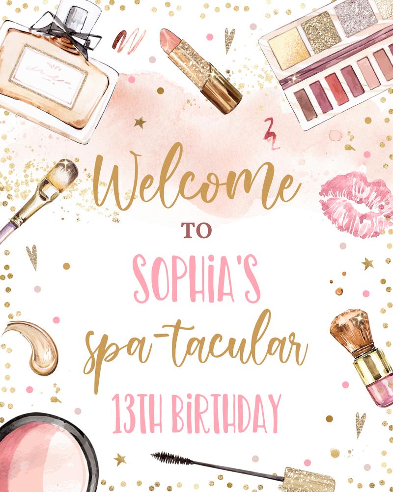 Spa & Makeup Party Welcome Sign | Editable Pink Gold Glitz & Glam Birthday Decor