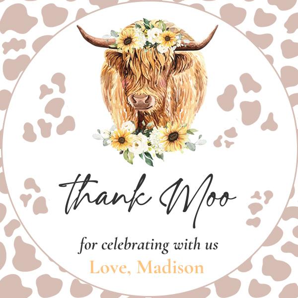 Sunflower Cow 1st Birthday Favor Tags - Editable Holy Cow I’m One Label
