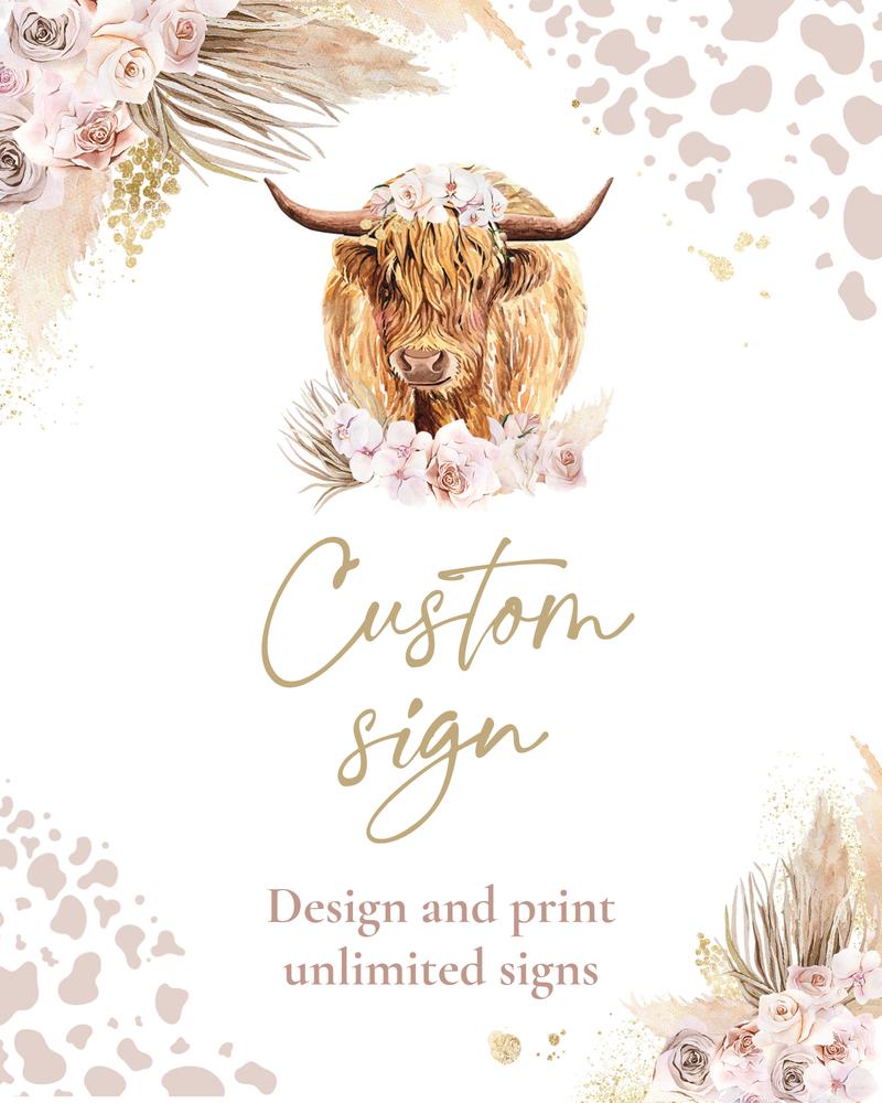 Highland Cow Birthday Sign Template | Boho Farm Floral Editable Canva Poster