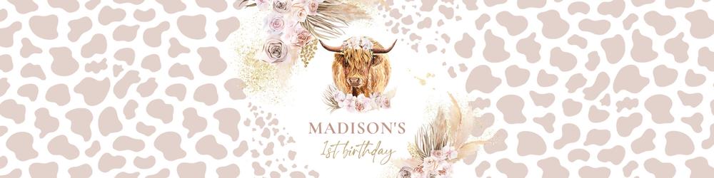 Highland Cow Water Bottle Labels | Boho Pampas Grass Birthday | Editable Canva