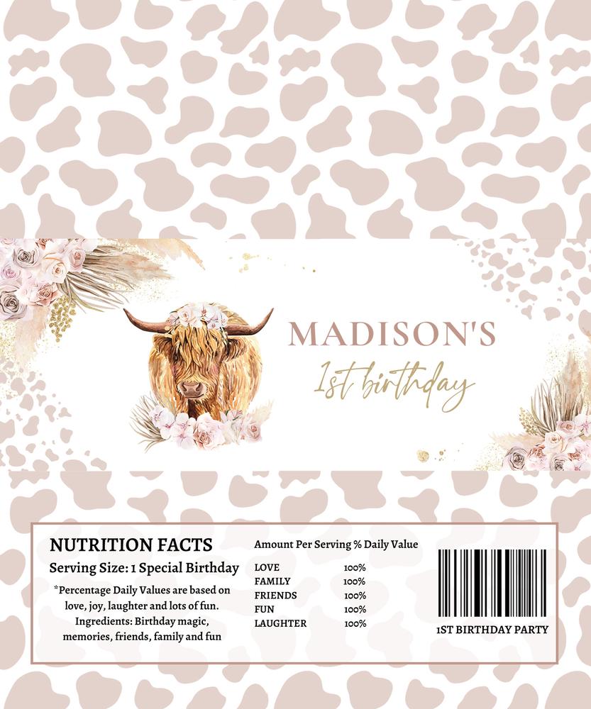 Highland Cow Birthday Candy Bar Wrapper, Boho Pampas Grass Editable Canva Template