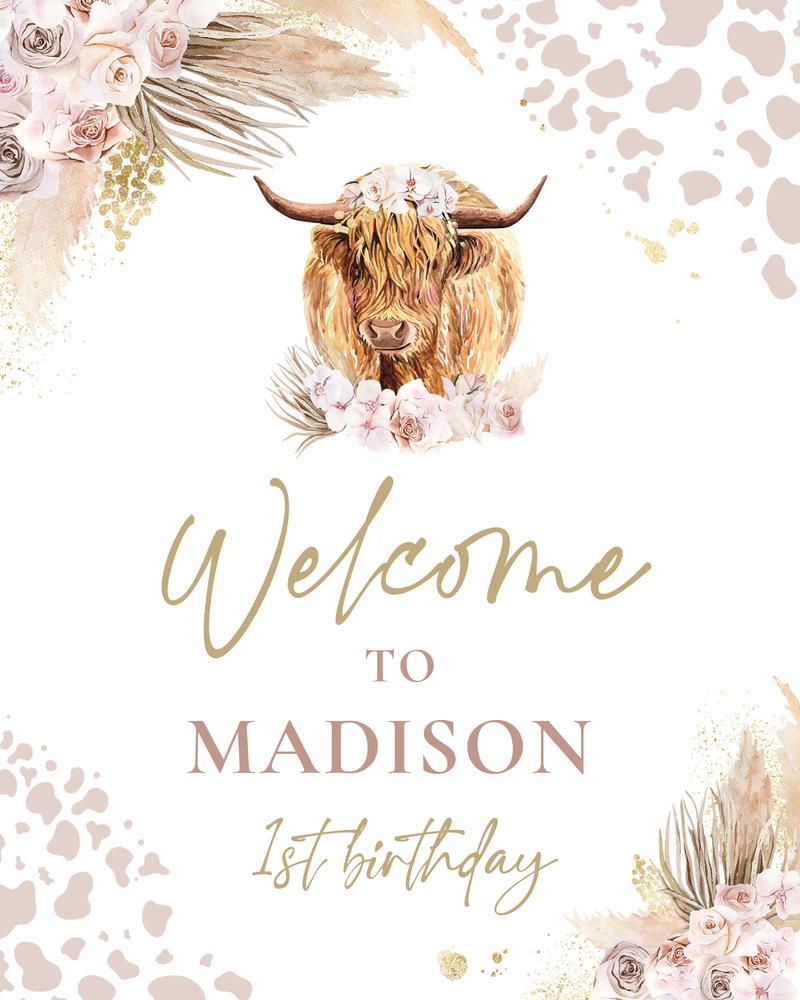 Highland Cow Birthday Welcome Sign | Boho Pampas Grass Editable Canva Template