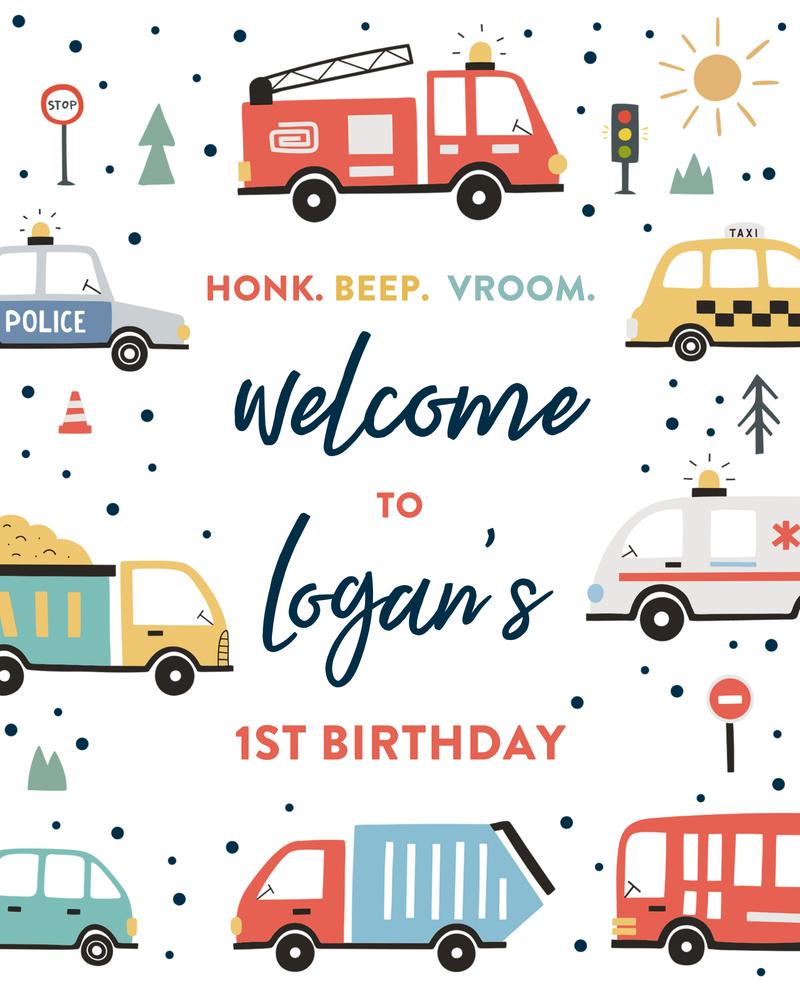 Transportation Birthday Welcome Sign | Editable Trucks & Cars Canva Template