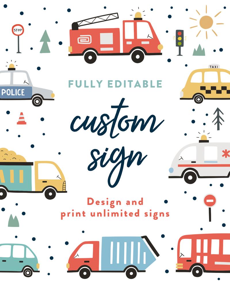 Editable Transportation Birthday Sign | Kids Truck & Car Party Canva Template