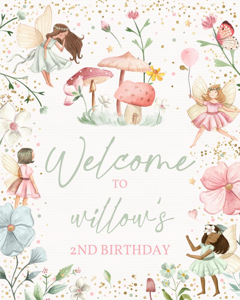 Fairy Birthday Party Welcome Sign | Editable Whimsical Princess Canva Template