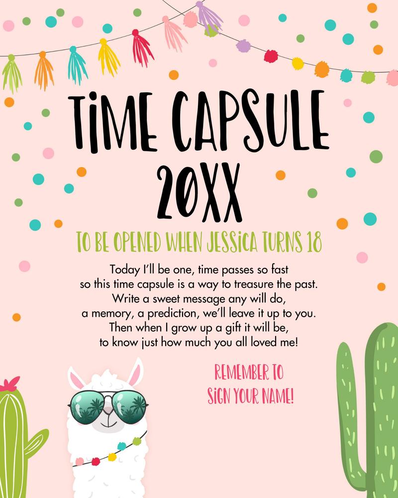 Editable Llama Birthday Time Capsule | Pink Fiesta Guestbook Wishes Template