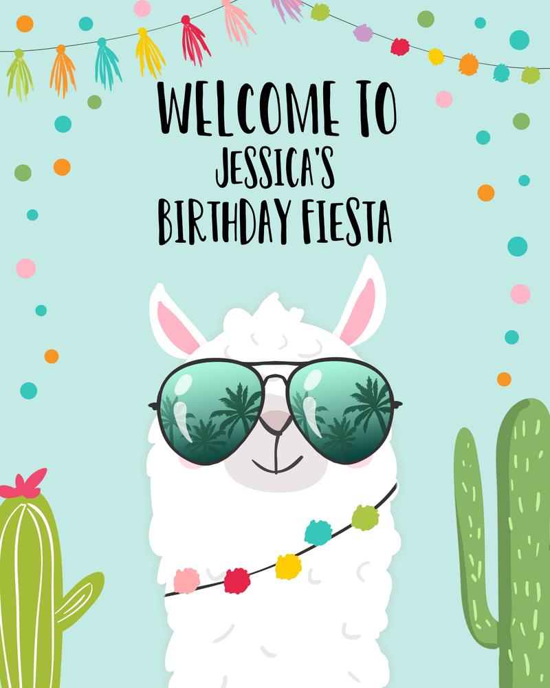 Editable Llama Birthday Welcome Sign - Blue Boy Mexican Fiesta Poster Canva