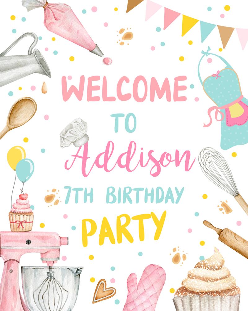 Editable Baking Birthday Welcome Sign Pink Little Chef Cupcake Party Decor