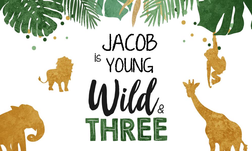 Wild and Three Safari Birthday Backdrop | Gold Boy 3rd Birthday Canva Template