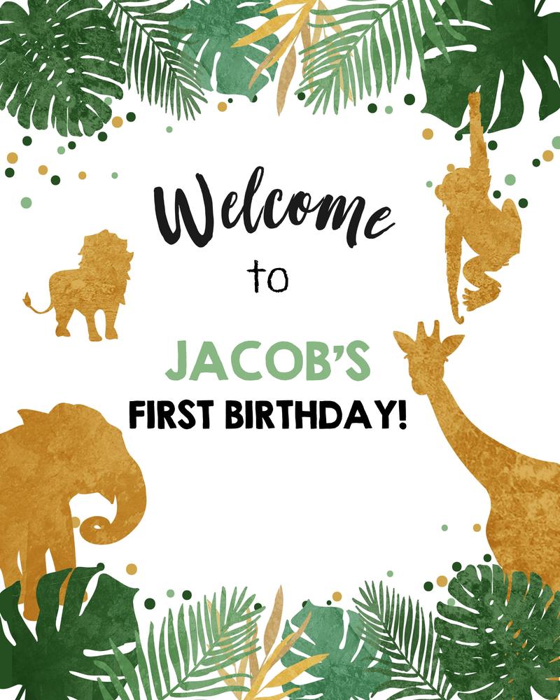Wild One Safari Birthday Welcome Sign | Editable Canva Template Black & Gold