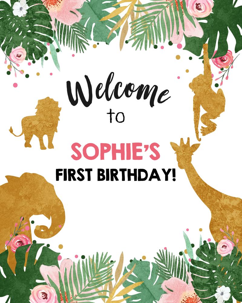 Pink Gold Safari Welcome Sign | Wild One Girl Birthday Canva Template